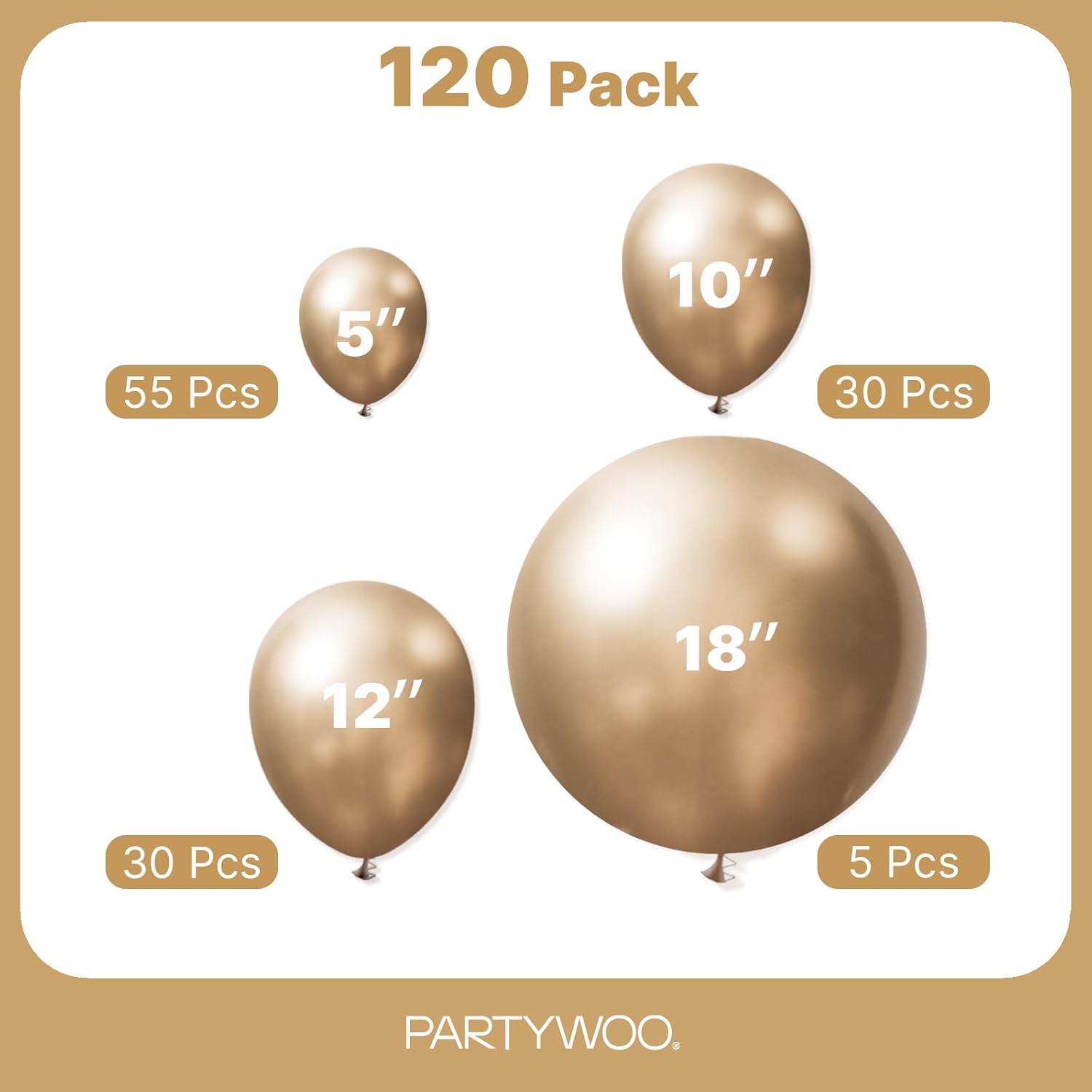 PartyWoo Metallic Gold Balloons - 120-Piece Chrome Balloon Arch Kit for Birthday & Wedding Decor | 5-18 Inch Sizes
