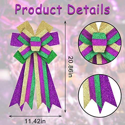 ALIBBON Large Mardi Gras Wreath Bow - Glitter Purple Green Gold Stripe