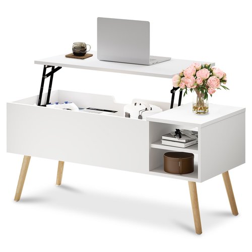 ALINE FURNITURE White Coffee Table Lift Top - Coffee Table with Solid Wood Legs, Hidden Storage Compartment & Open Shelves - 40" Lift Up Coffee Tables for Living Room