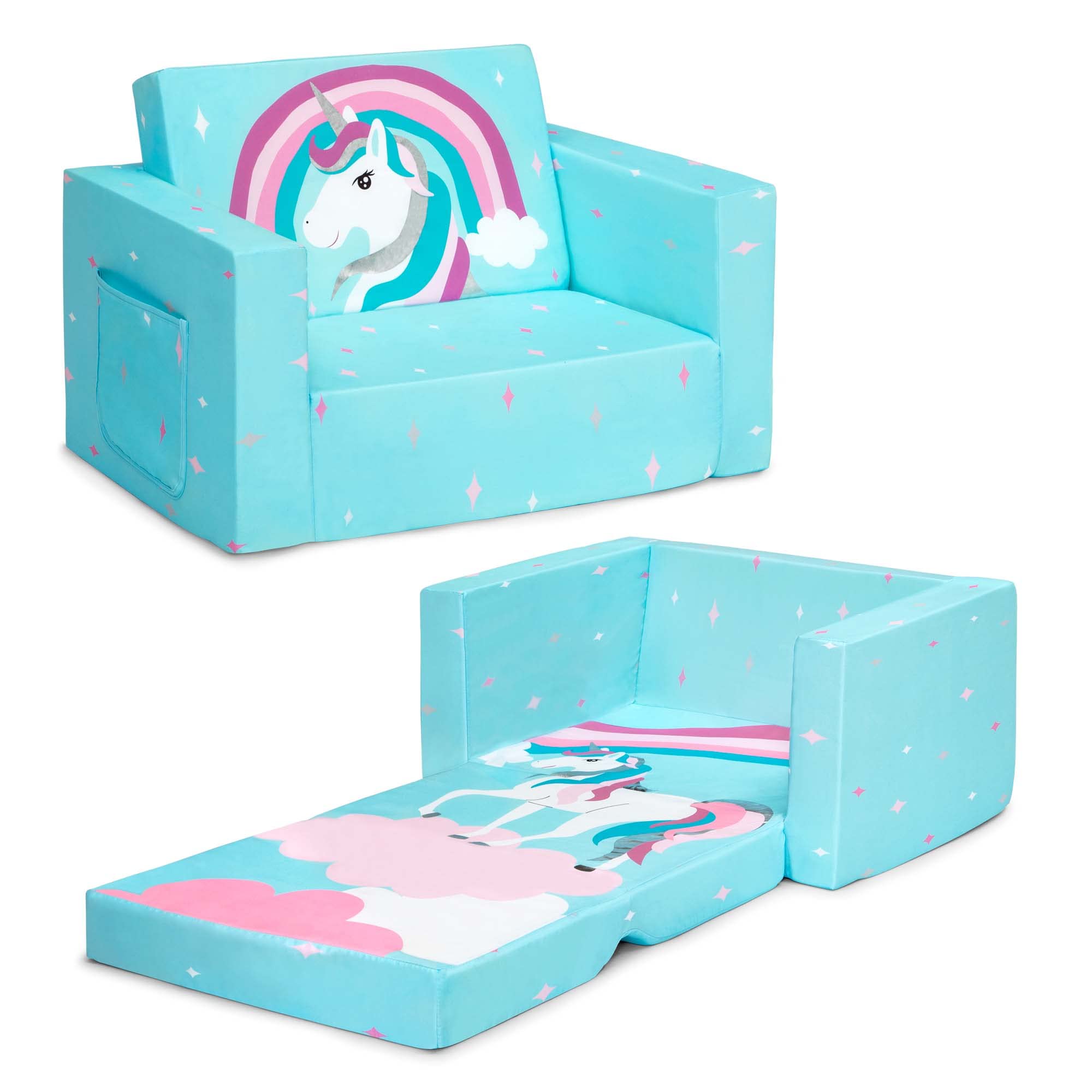Delta Children Cozee Kids Couch 2-Seater Kids Sofa, Convertible 2-in-1 Flip Open Toddler Couch Sleeper, Foam Chair for Playroom & Bedroom, Bed Lounger, Comfy Play Sleeping Lounge Chair, Blue Unicorn