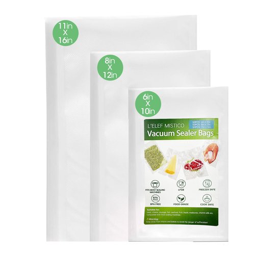 L'ELEF MISTICO Precut Vacuum Sealer Bags for Food, 50 Gallon 11" x 16" & 50 Quart 8" x 12" & 50 Pint 6" x 10" BPA Free Food Saver, Vacuum Storage for Sous Vide and Freezer