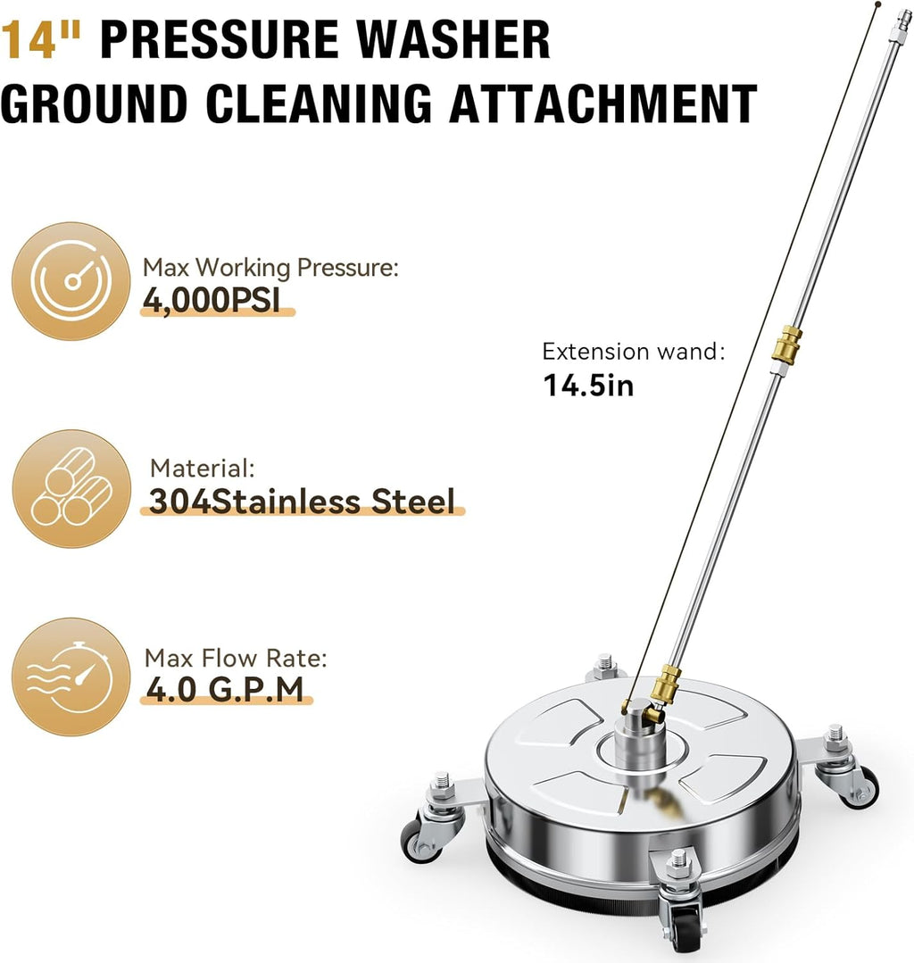 Pressure Washer Surface Cleaner - 14" Stainless Steel, 4000 PSI, 4 Wheels & 3 Nozzles for Patios