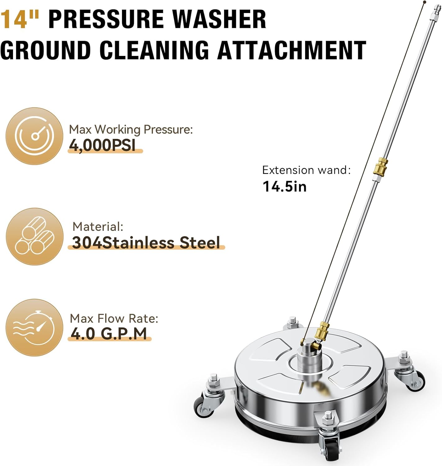 Pressure Washer Surface Cleaner - 14" Stainless Steel, 4000 PSI, 4 Wheels & 3 Nozzles for Patios