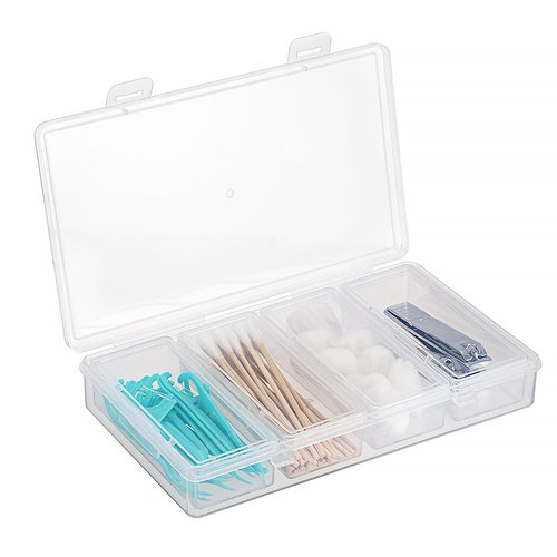 Hipiwe Plastic Cotton Swab Holder for Travel 4 in 1 Compact Cleaning Organizer for Hair Rope Paperclip Clear Dental Floss Sticks Case with Lid Small Travel Container Hair Tie Storage Box