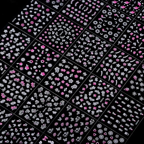 30 Sheet Pink & White Flower Nail Stickers 3D Floral Butterfly Decals