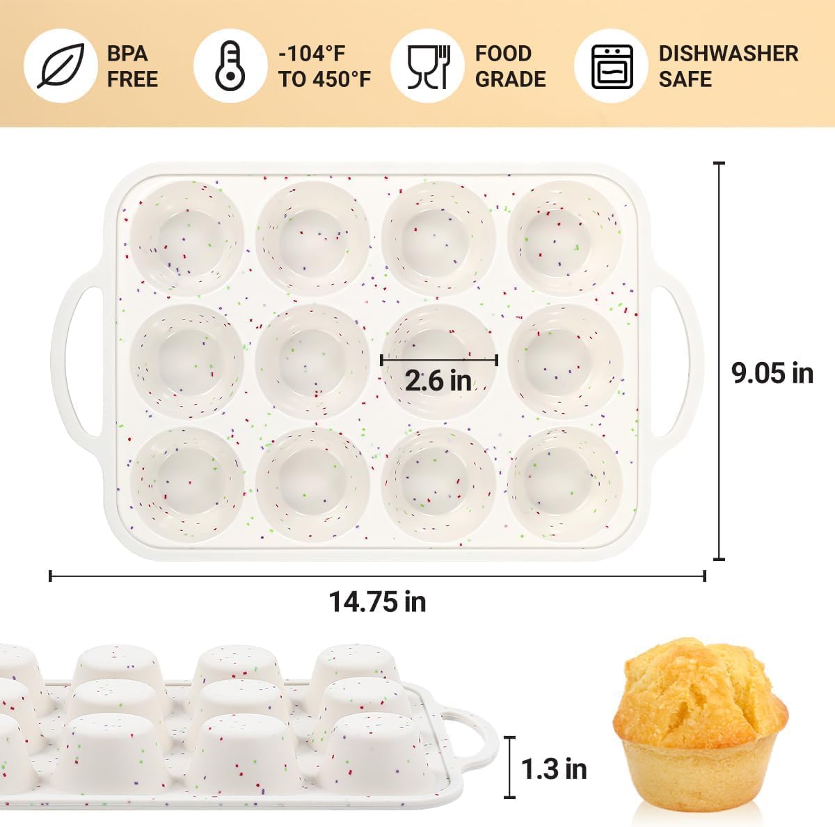 Skiennix Silicone Muffin Pan - Nonstick 12-Cup Baking Tray with Metal Reinforced Frame | BPA Free & Dishwasher Safe