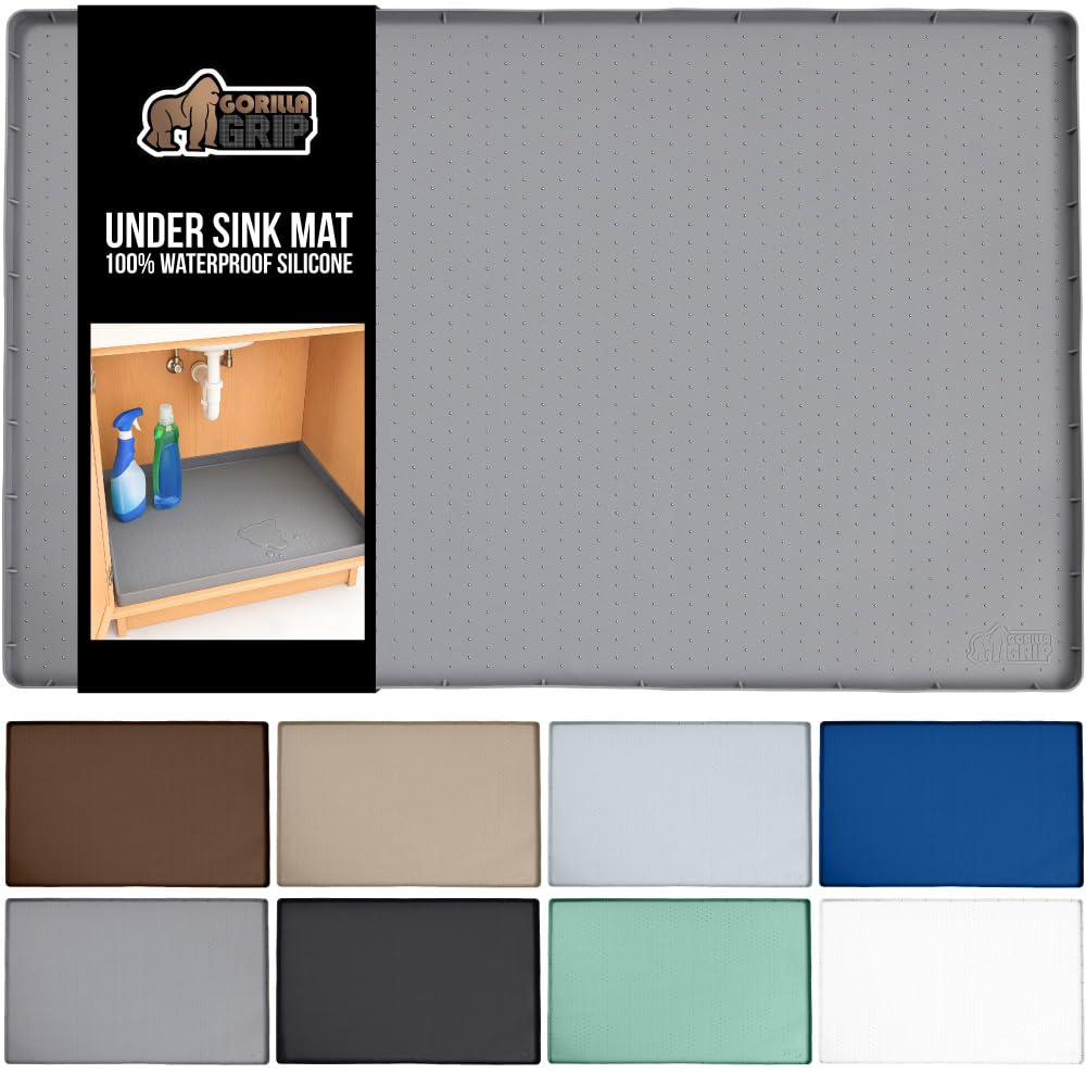 GORILLA GRIP Waterproof Silicone Under Sink Mat with Raised Lip for Kitchen and Bathroom, Cabinet Shelf Liner Stay in Place Mats Dishwasher Safe Drawer Liner, Organizer Tray, 19 x 22 in, Gray