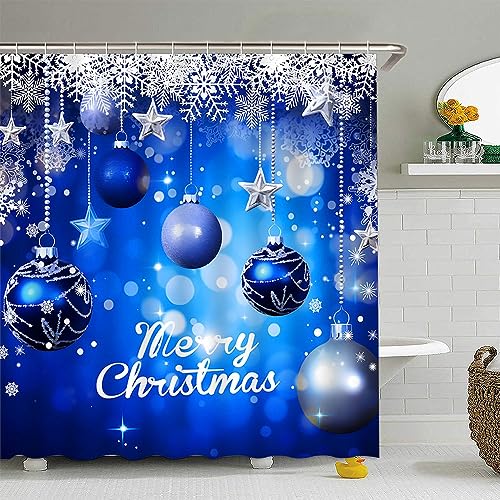Christmas Balls Shower Curtain 70x70 Inch Blue Silver Snowflakes