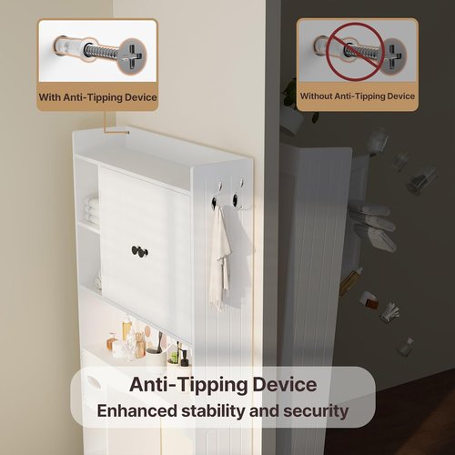 Gizoon Over The Toilet Storage Cabinet - 66'' Tall Bathroom Organizer with 2 Doors & Adjustable Shelf - White