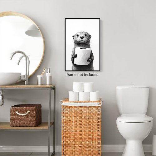 Funny Bathroom Wall Art - Cute Otter Holding Toilet Paper | Black and White Canvas Print 16x24in