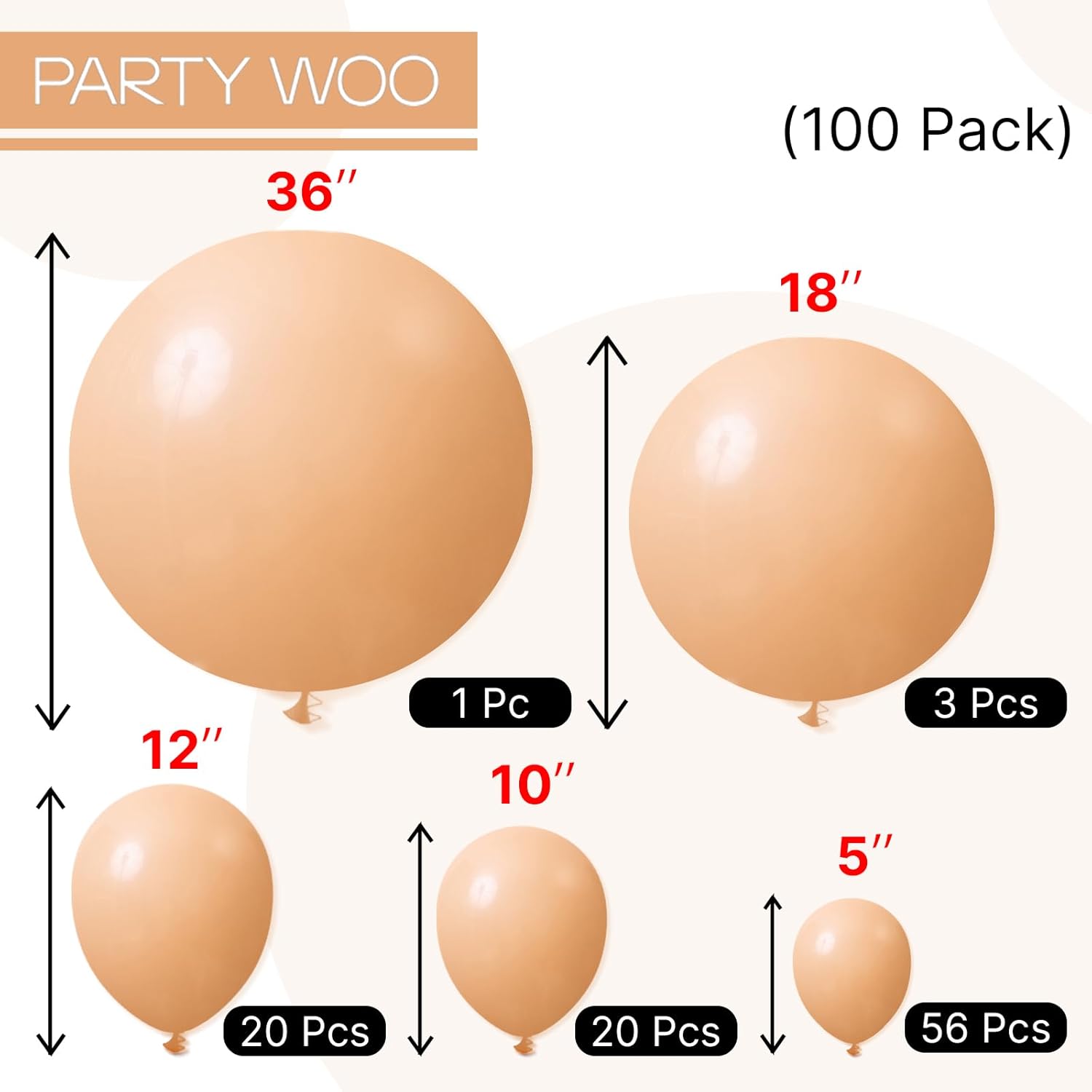 PartyWoo Nude Balloons - 100-Piece Pack in Various Sizes | Beige & Apricot Balloon Arch Kit for Celebrations