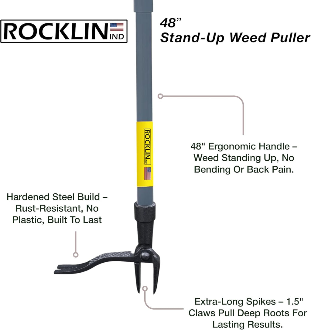 Rocklin™ Stand Up Weed Puller Tool - 4 Claw Steel Head - 48-Inch Metal Handle for Easy Weeding
