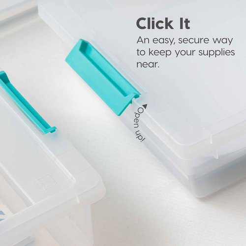 IRIS USA Craft Storage Bins - 6 Qt. Clip Box Set with Lids | Stackable Clear & Seafoam Blue | 4-Pack for Art Supplies & Organizing