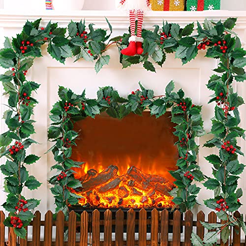 Christmas Garlands 3 Pack - 5.7 ft Faux Berry Holly Leaves Holiday Decor