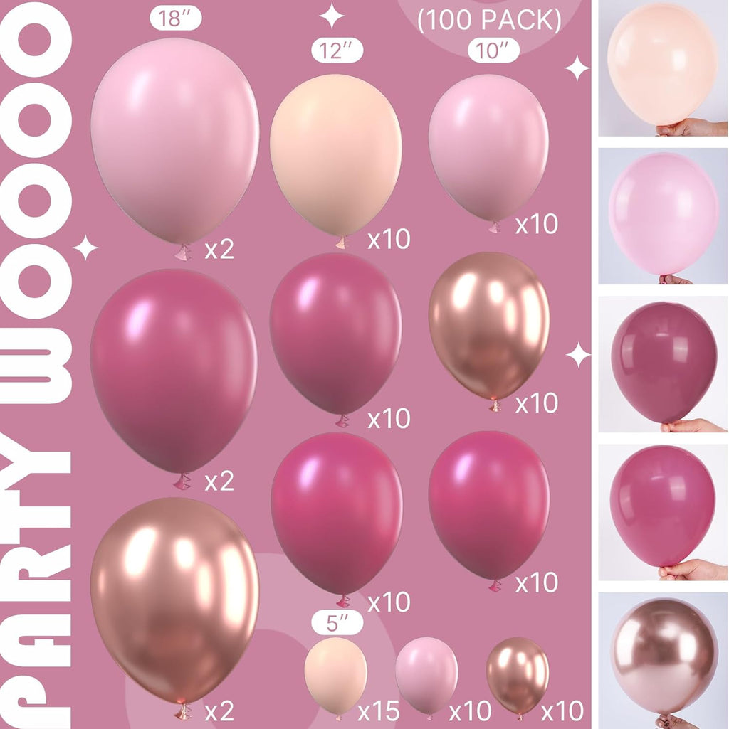 PartyWoo Dusty Pink Balloon Arch Kit - 100 Pcs Shades of Pink & Dusty Rose Balloons | Various Sizes for Weddings & Celebrations