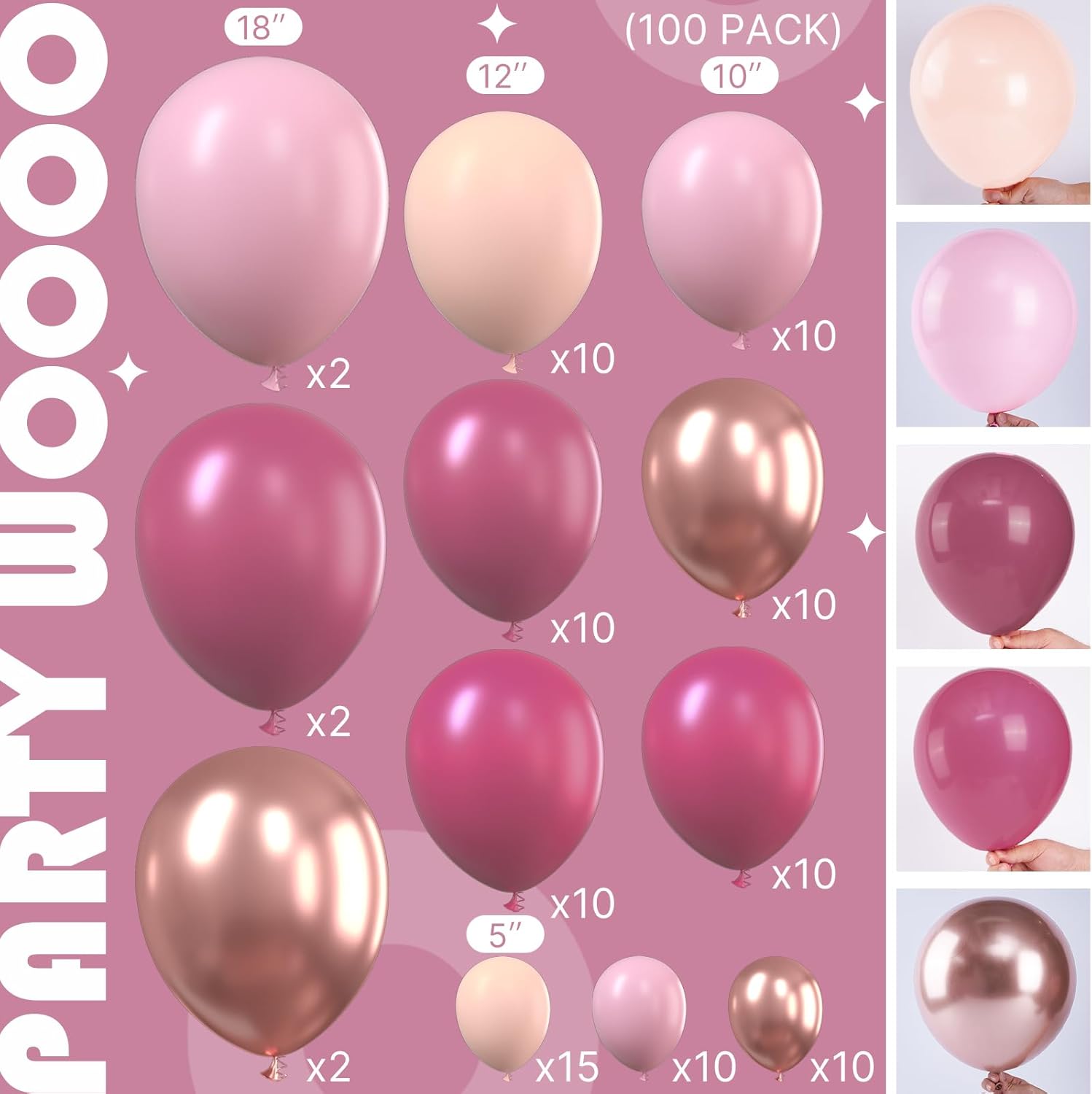 PartyWoo Dusty Pink Balloon Arch Kit - 100 Pcs Shades of Pink & Dusty Rose Balloons | Various Sizes for Weddings & Celebrations
