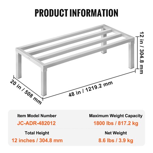 VEVOR Aluminum Dunnage Rack, 48” x 20” Commercial Food Floor Rack, 12” Off the Floor, 1800 lbs Capacity All-Welded Aluminum Storage Rack, for Storage in Restaurants, Kitchens, Garages and Vehicles