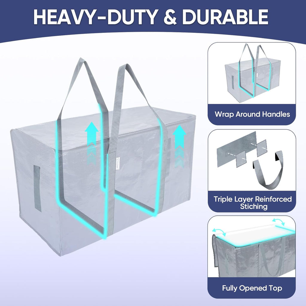 TICONN Extra Large Heavy-Duty Moving Bags - Durable Storage with Zippers & Handles | Light Grey (2 Pack)