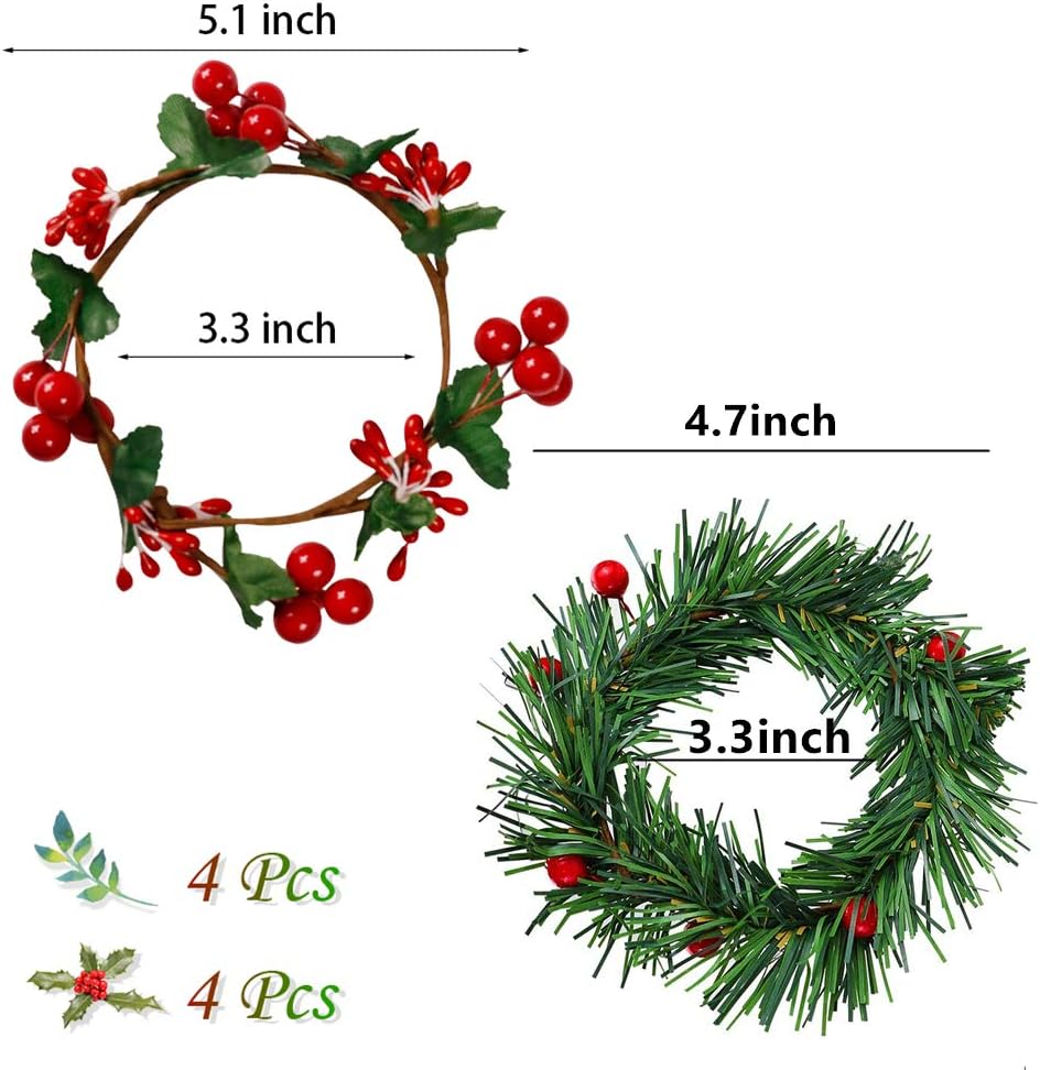 YBB Christmas Candle Rings - 8Pcs Small Artificial Red Berry Wreath Holders for 3-Inch Pillar Candles | Rustic Wedding Decor
