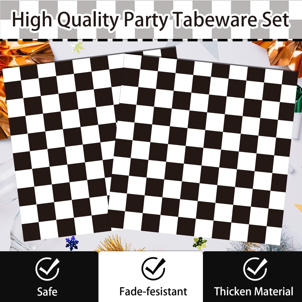 170 Pcs Race Car Birthday Party Decorations Black and White Checkered Plates and Napkins, Checkered Party Supplies Serves 24