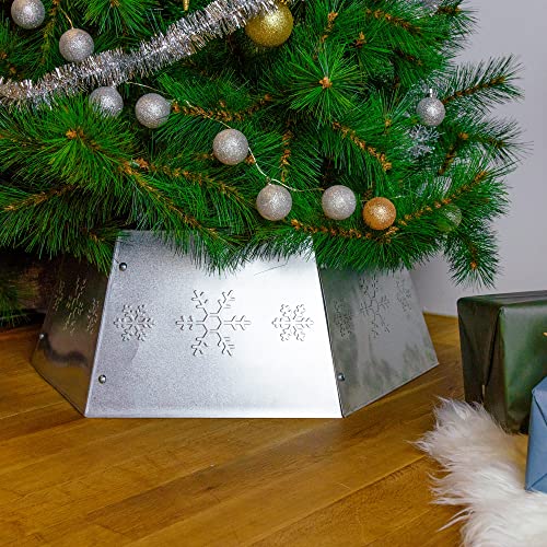 Metal Christmas Tree Ring with Snowflake Print - Silver Tree Collar Stand, 26.6-inch