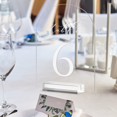 JINMURY Clear Arch Table Numbers for Wedding, 5x7 Inch Arched Acrylic Table Numbers 1-30 with Stands, Clear Acrylic Arch Sign with Holder for Centerpiece, Reception, Wedding, Party, Event