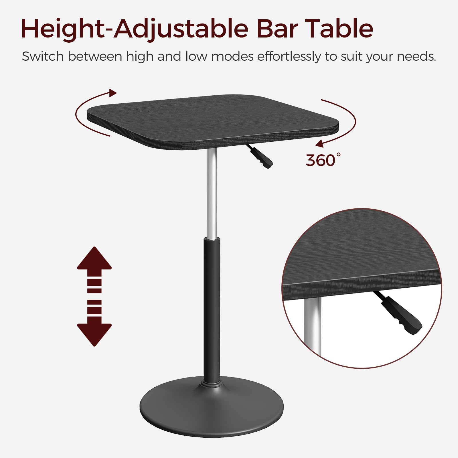 MAHANCRIS Bar Table, Height-Adjustable Pub Table 26.8-36.2 Inches, Cocktail Table with Base, Counter Height Tables for Small Space, Easy to Assemble, Black BTHB5501