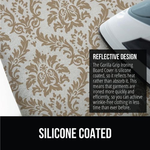 GORILLA GRIP The Original Ironing Board Cover and Pad, Silicone Coating, 400°F Scorch Resistant Thick Padding, Heavy Duty Iron Covers Standard Boards, Hook and Loop Fastener Strap, Damask 15x54