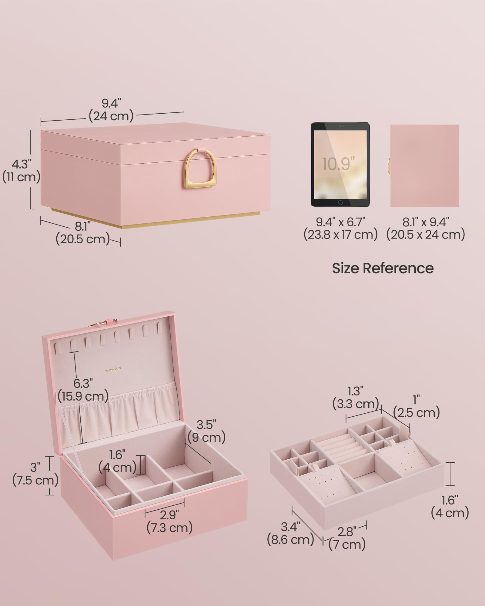 SONGMICS 2-Layer Jewelry Box, Jewelry Organizer with Handle, Removable Jewelry Tray, Jewelry Storage, Floating Effect, 8.1 x 9.4 x 4.3 Inches, Gift Idea, Jelly Pink UJBC165R01