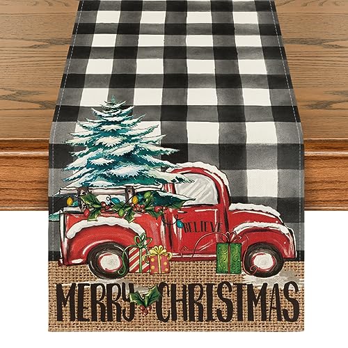 Christmas Tree Truck Table Runner 13x72 Inch Black White Holiday Decor - Artoid Mode