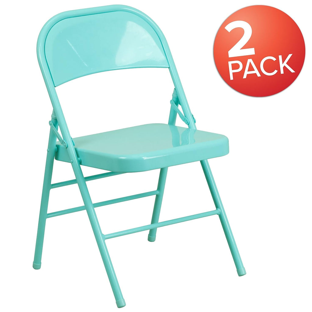 Flash Furniture 2 Pack HERCULES COLORBURST Series Tantalizing Teal Triple Braced & Double Hinged Metal Folding Chair