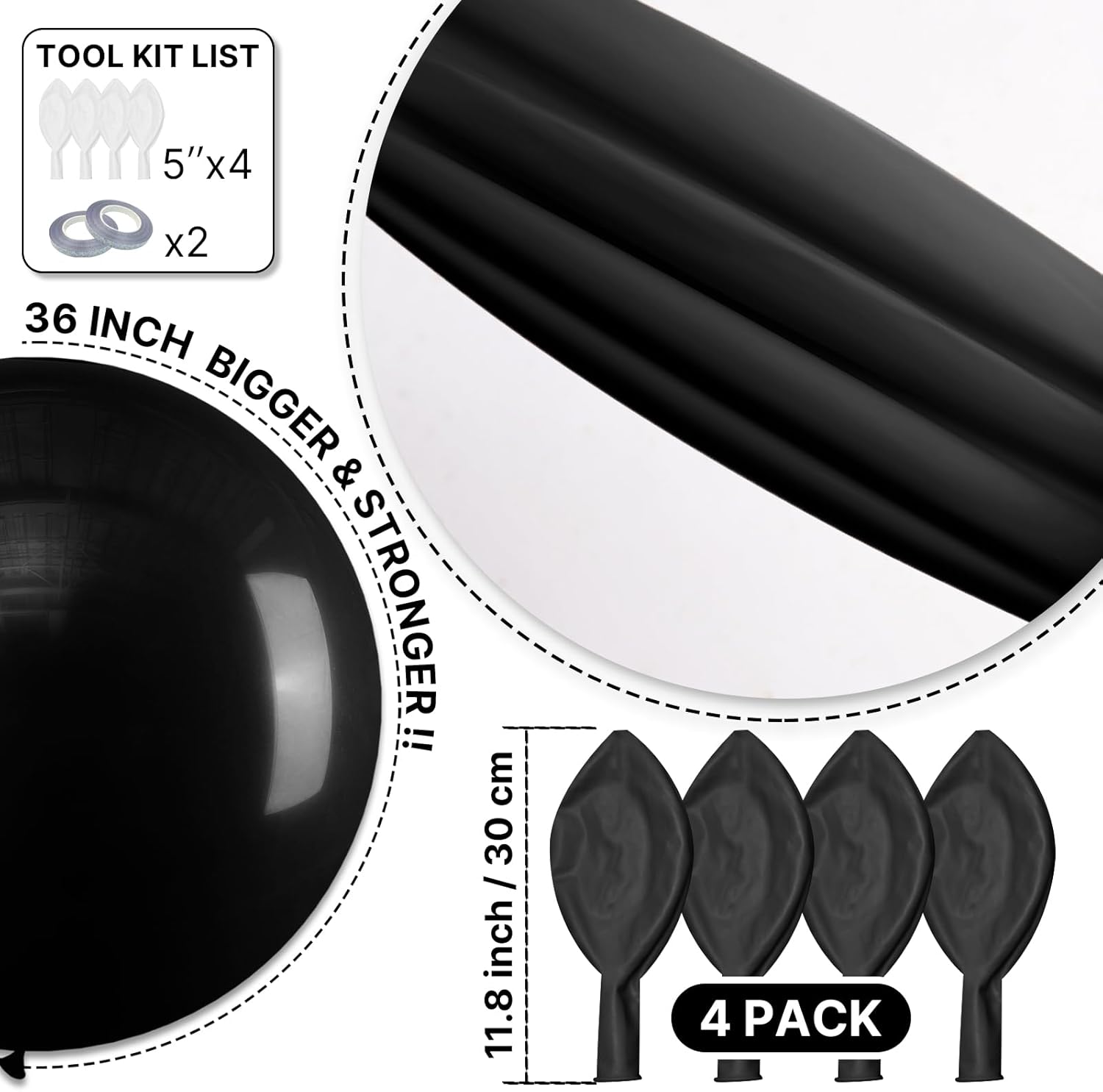 PartyWoo Black Balloons - 36 Inch Matte Latex Helium Balloons for Baby Showers & Parties