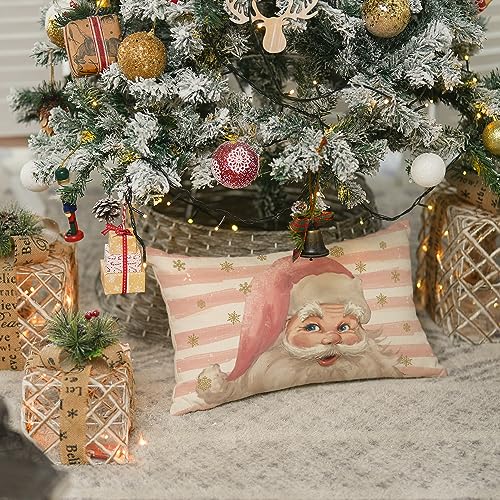 Pink Santa Claus Stripes Throw Pillow Cover 12x20 Inch - Christmas Cushion Case
