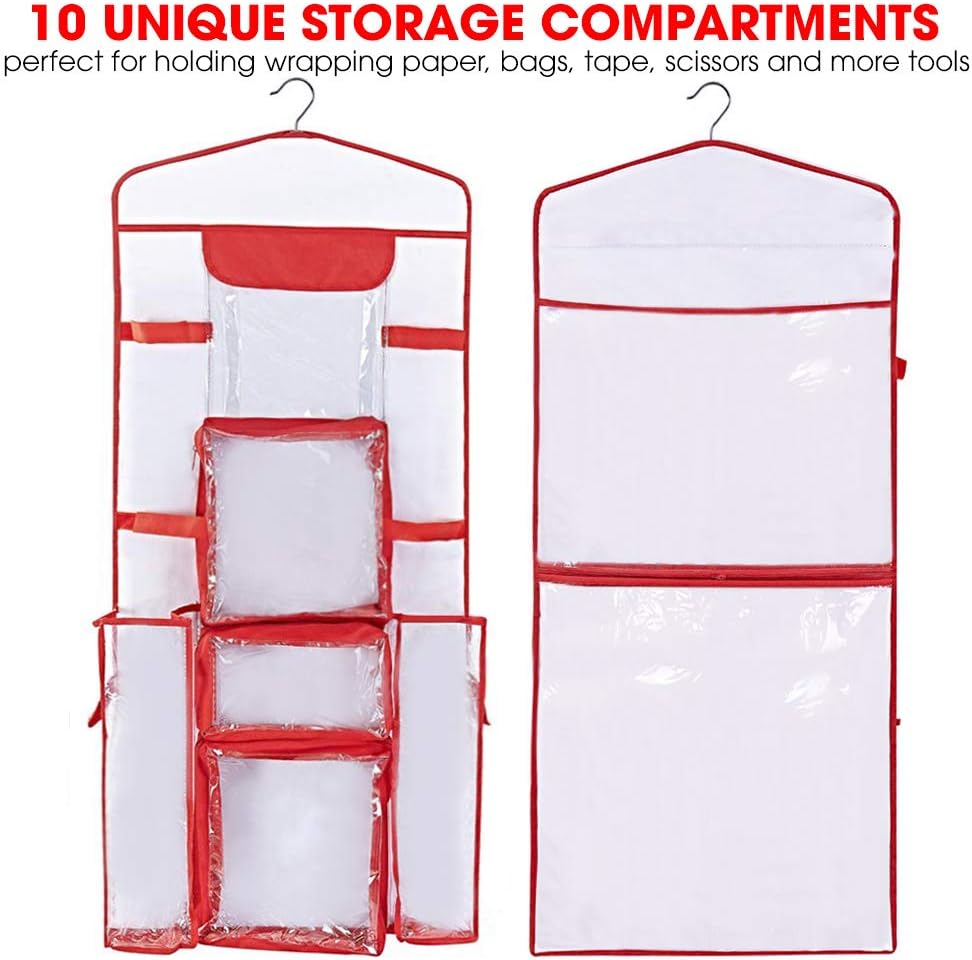 Primode Wrapping Paper Storage - Double-Sided Gift Wrap Organizer with Pockets for Accessories | 40”x17” Clear PVC Bag (Red)