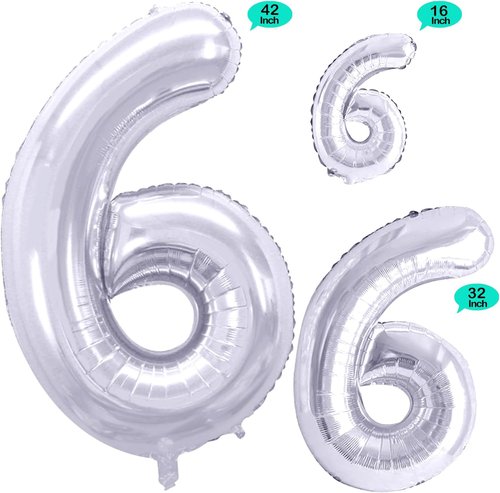 GOER Silver Foil Number 6 Balloons - Huge 42 Inch & 32 Inch for 6th Birthday Party Decorations (3 Pcs)
