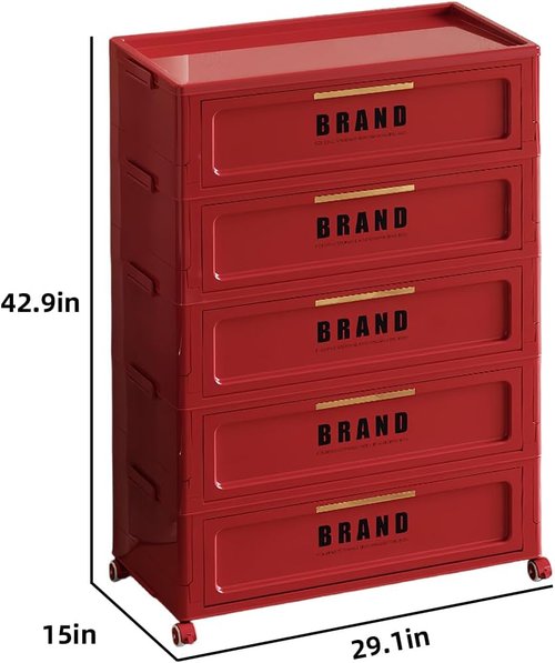 300QT Foldable Storage Cabinet - 5-Tier Organizer with Magnetic Door & Wheels | Space-Saving Red Unit for Dorm, Apartment, Office