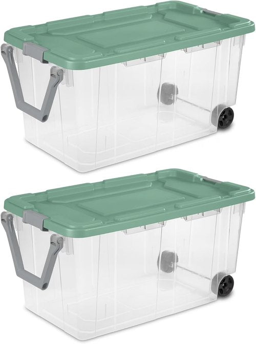 Extra Large Wheeled Storage Bin - 160 Quart Clear Container with Latch Lid & Pull Handle | Light Green, 2 Pack