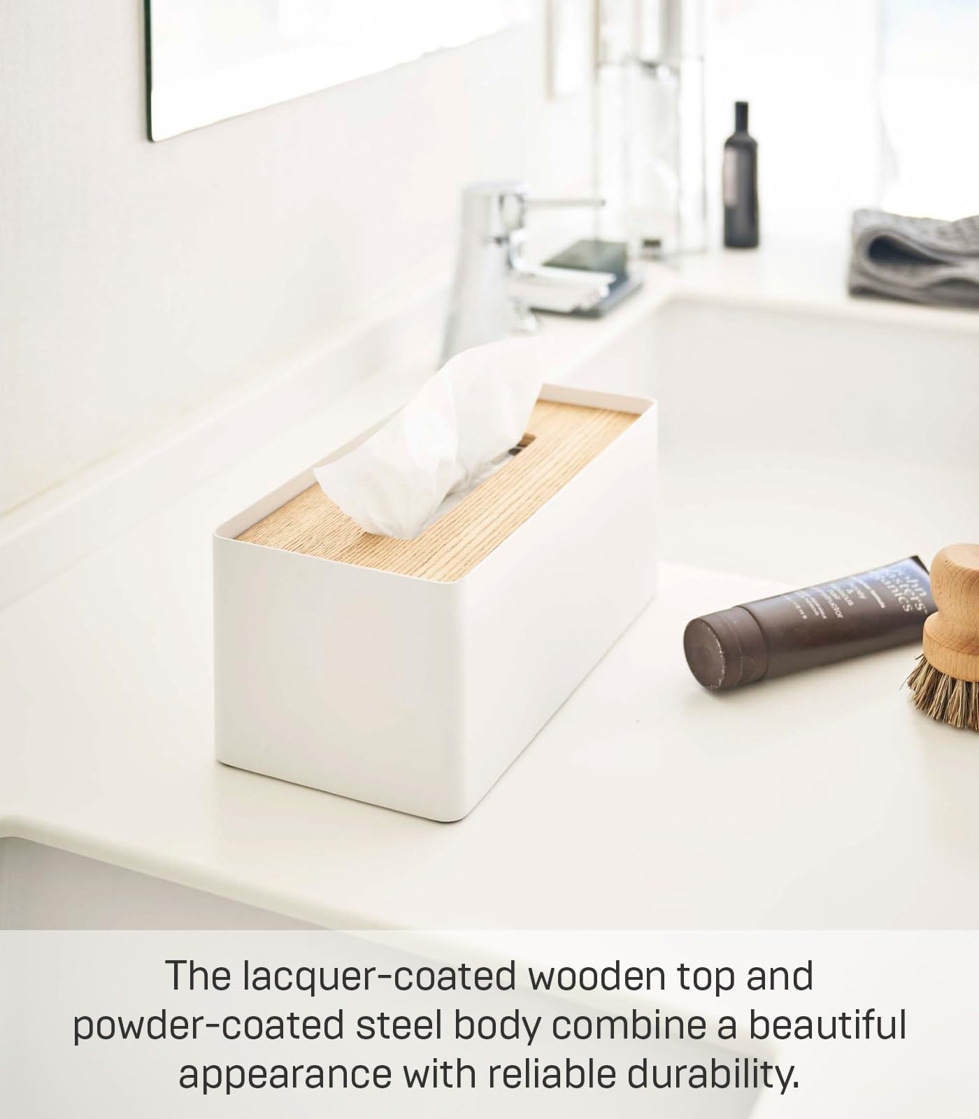 Yamazaki Home Rin Reusable Tissue Box Cover Metal Holder Container Case with Natural Wooden Lid - Steel