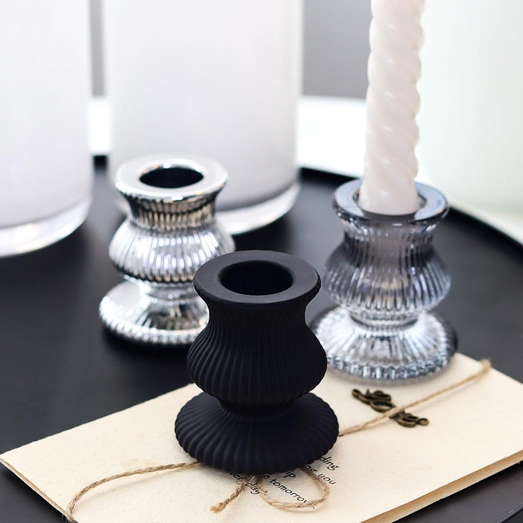 WDHODEC Black & White Candlestick Holders - 12PCS Glass Taper Candle Holders for Weddings & Parties