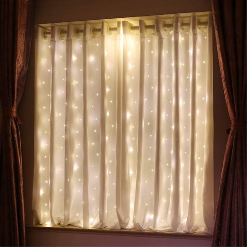 HXWEIYE Short Curtain Lights - 3.3x5Ft Warm White Fairy Light with Timer & 8 Clips | Battery Powered 96LED String Light for Indoor Decor