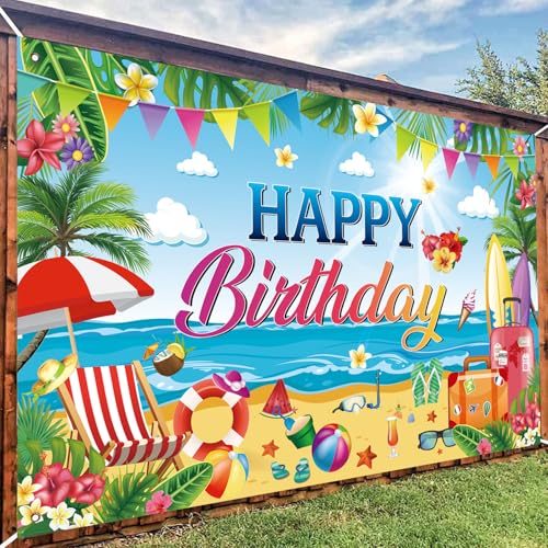 Happy Birthday Tropical Beach Backdrop - Hawaiian Luau Party Banner, 71 x 43 Inch