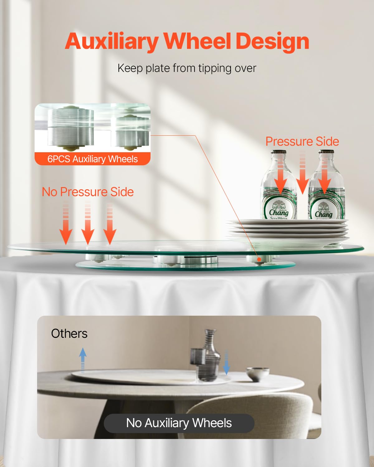 VEVOR 24 in Glass Lazy Susan Turntable, Tempered Glass Dining Table Centerpiece with 6 Rotating Wheels, 360° Smooth and Silent Spin Tabletop Rotating Tray, for Family Gatherings, Banquets & Weddings
