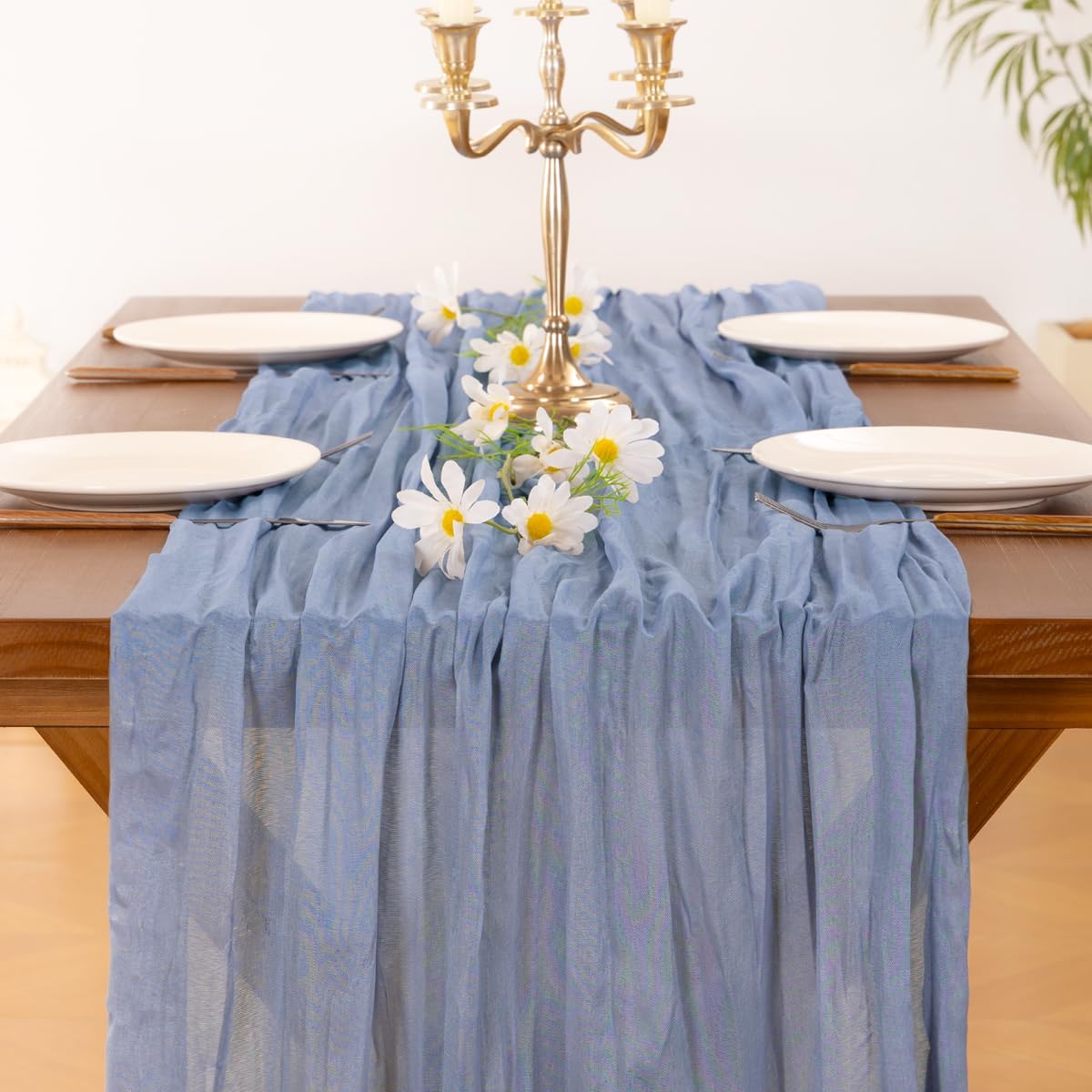 Socomi Cheesecloth Table Runner - Dusty Blue Boho Rustic Gauze | 120 Inch for Weddings & Events