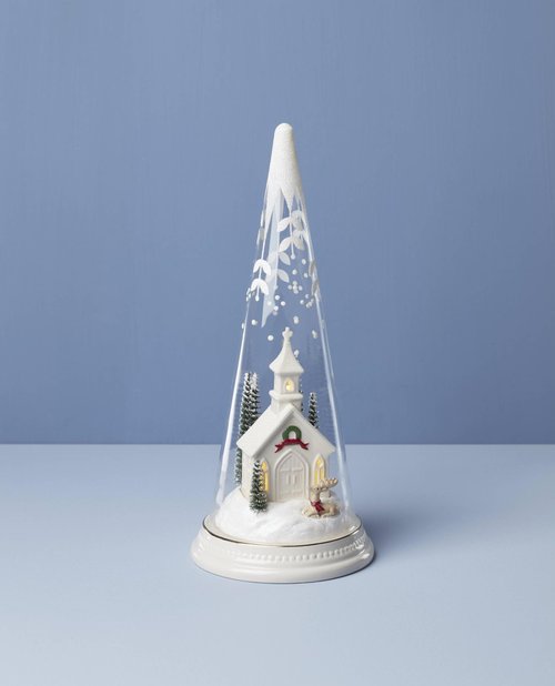 Lenox 896634 Lit Christmas Cone with Church Scene, Holiday Decor