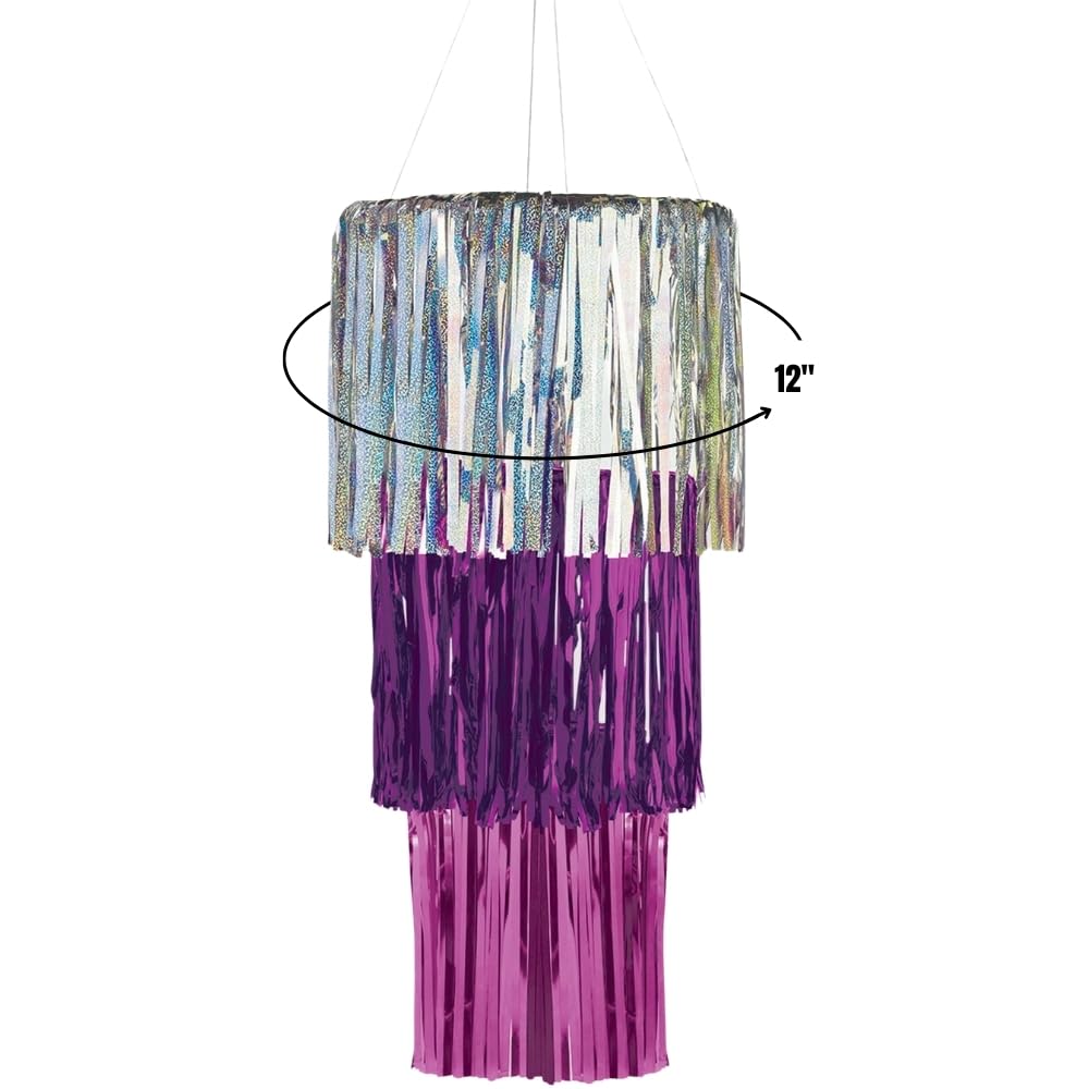 Dazzling Sparkle Fringe Chandelier Decoration - 12" - Foil Tinsel Delight in Silver, Purple & Pink Colors - Perfect for Candy Buffets & Exclusive Dinner Tables (1 Pc.)