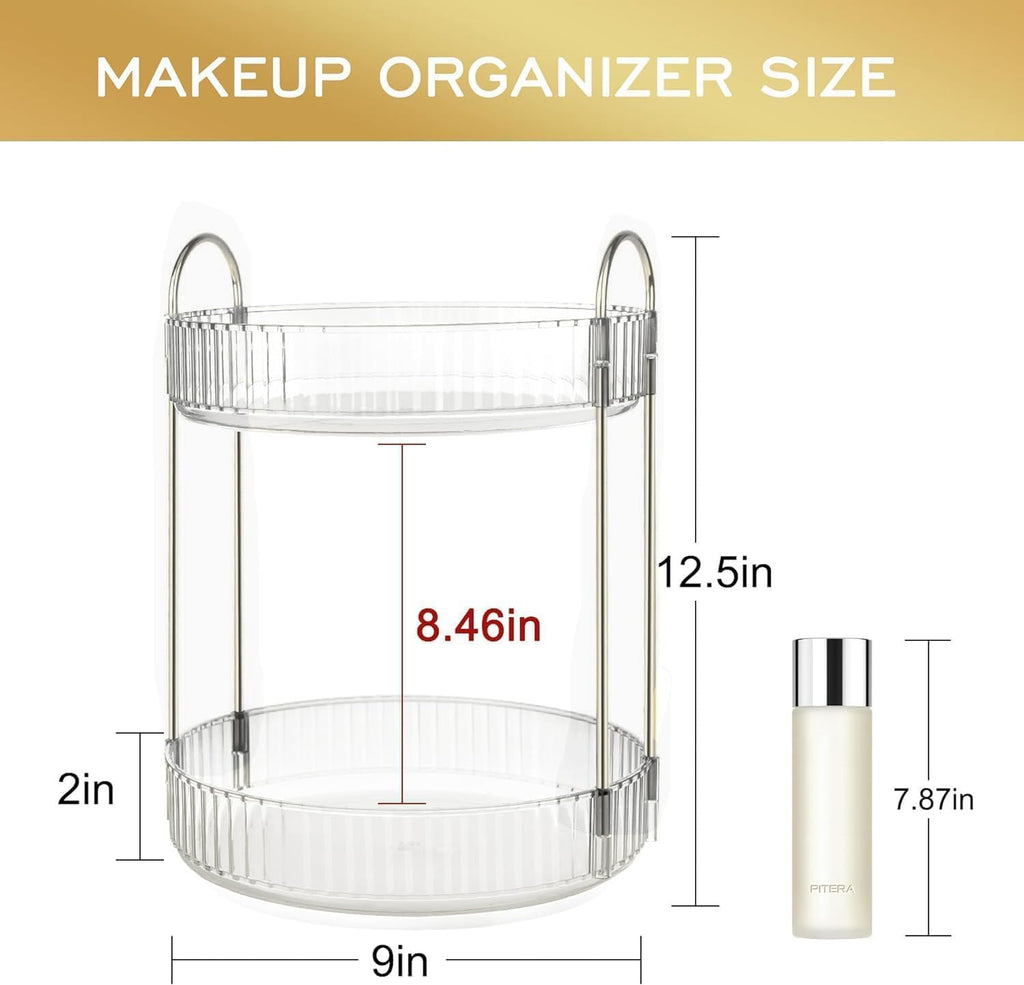 360 Rotating Makeup Organizer and Storage for Vanity Countertop 2 Tiers, High Capacity Cosmetic Skincare Perfume Organizers for Dresser Bathroom Lazy Susan