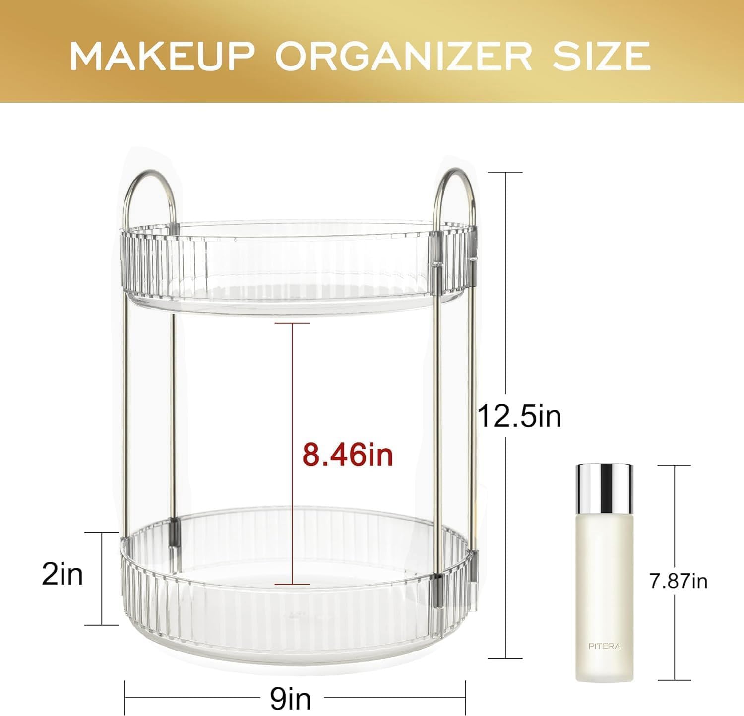 360 Rotating Makeup Organizer and Storage for Vanity Countertop 2 Tiers, High Capacity Cosmetic Skincare Perfume Organizers for Dresser Bathroom Lazy Susan