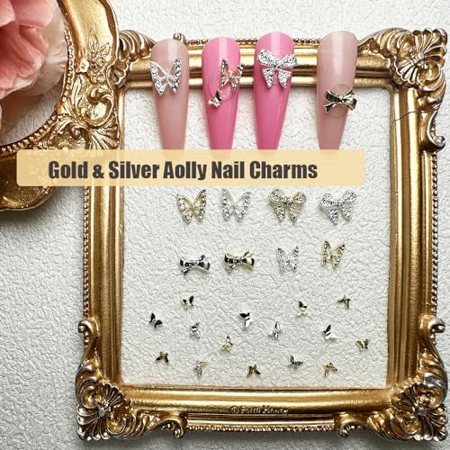 84 PCS Butterfly and Bow Nail Charms - Gold & Silver Nail Art Gems