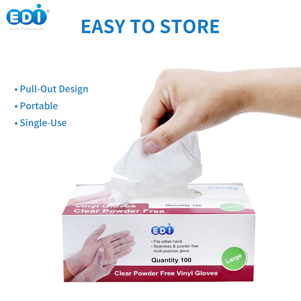 EDI Disposable Vinyl Gloves - Clear, Powder-Free, Latex-Free, Ambidextrous, Large/Extra Large, 100 Count