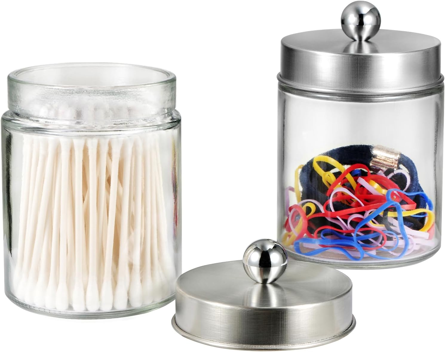 SheeChung Glass Qtip Holder Dispenser - Rust-Proof Stainless Steel Apothecary Jars | Sleek Bathroom Organizer for Cotton Swabs (Brushed Nickel) - 4-Pack